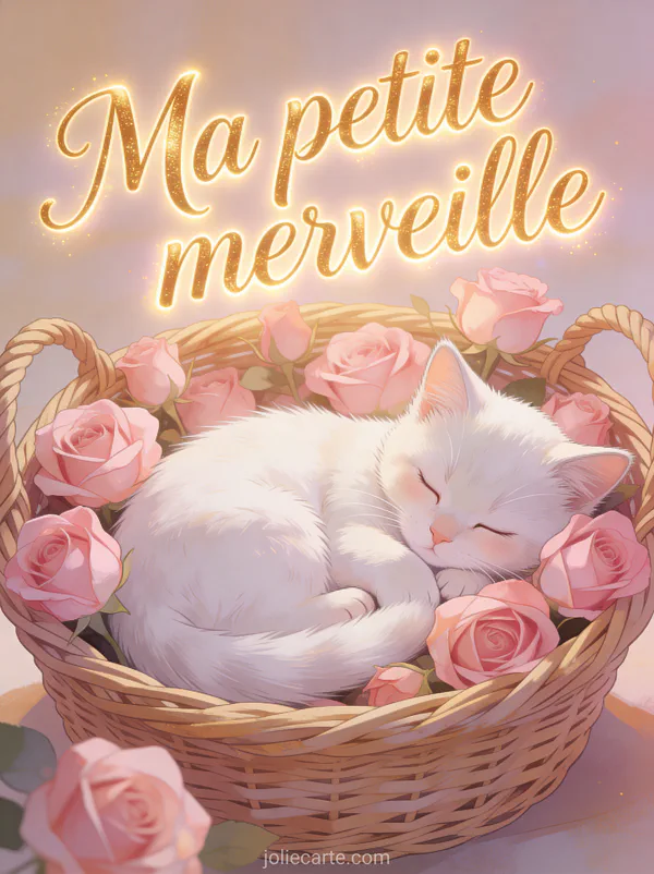 Cavalier king charles aux yeux doux sur un plaid entouré de cosmos roses avec le texte Ma Petite Merveille