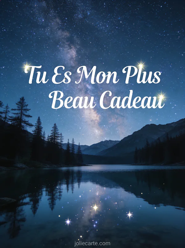 Ciel étoilé avec voie lactée au-dessus d'un lac de montagne calme et le texte Tu Es Mon Plus Beau Cadeau