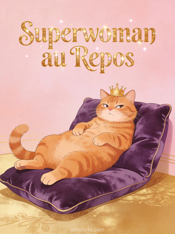 Chat roux majestueux portant une couronne dorée allongé sur un coussin violet avec le texte Superwoman au Repos