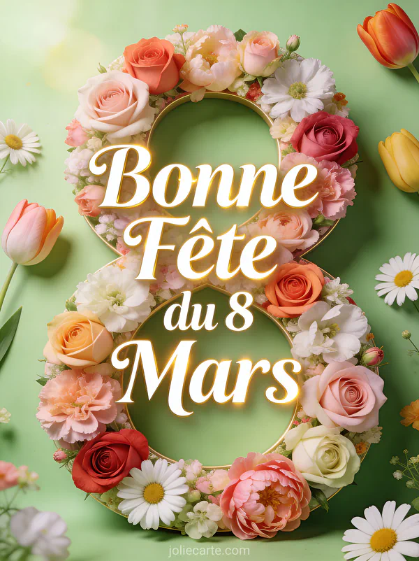 Grand chiffre 8 composé de roses tulipes et pivoines sur fond vert tendre avec le texte Bonne Fête du 8 Mars