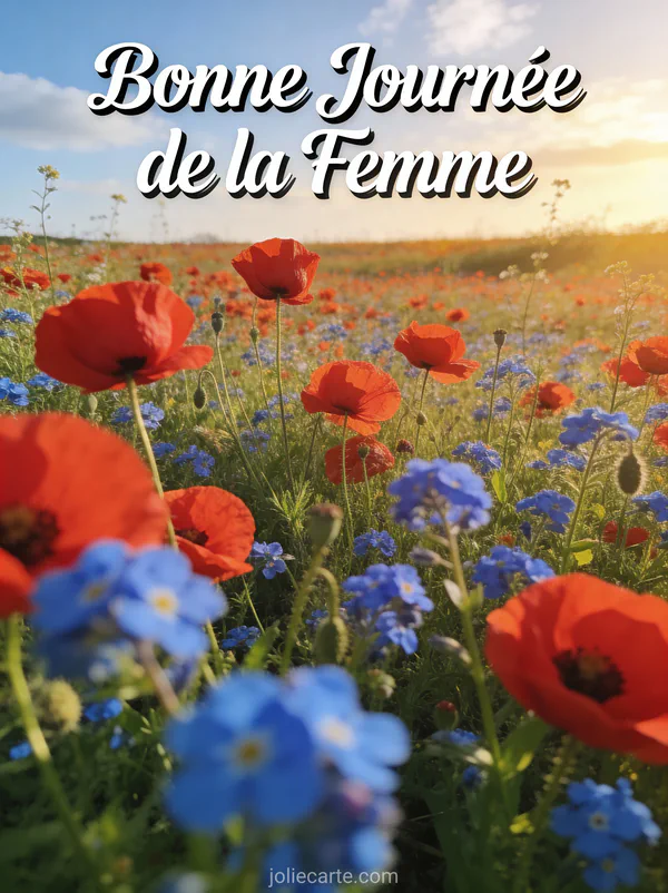 Prairie de coquelicots rouges et bleuets sous un ciel lumineux de printemps avec le texte Bonne Journée de la Femme