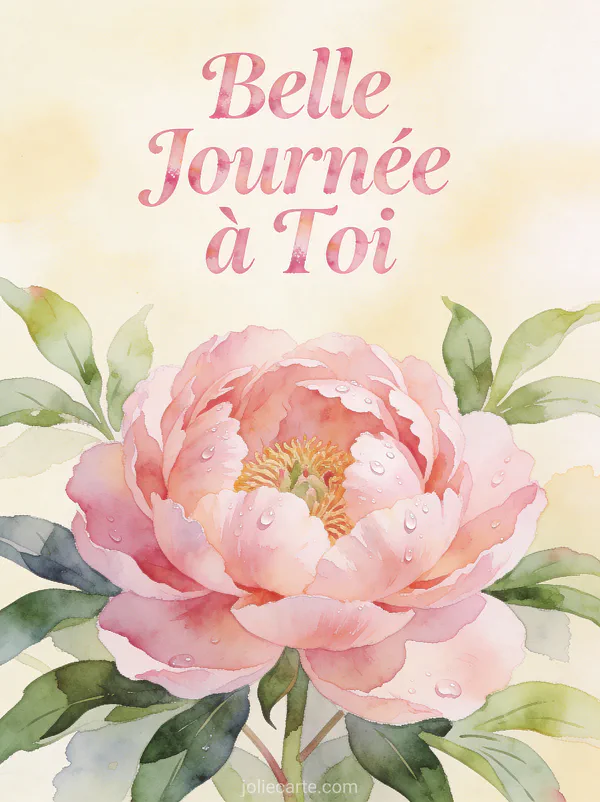 Pivoine rose épanouie en aquarelle avec gouttes de rosée et le texte Belle Journée à Toi
