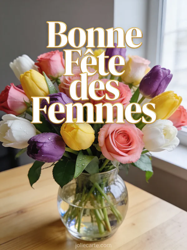 Bouquet de tulipes multicolores dans un vase en verre sur une table en bois avec le texte Bonne Fête des Femmes
