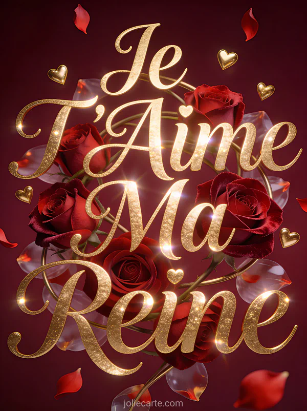 Roses rouges veloutées et cœurs dorés flottants sur fond bordeaux avec le texte Je T'Aime Ma Reine