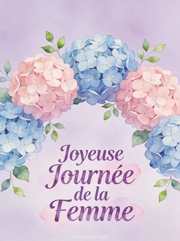 Arc d'hortensias bleus et roses en aquarelle sur fond lavande avec le texte Joyeuse Journée de la Femme