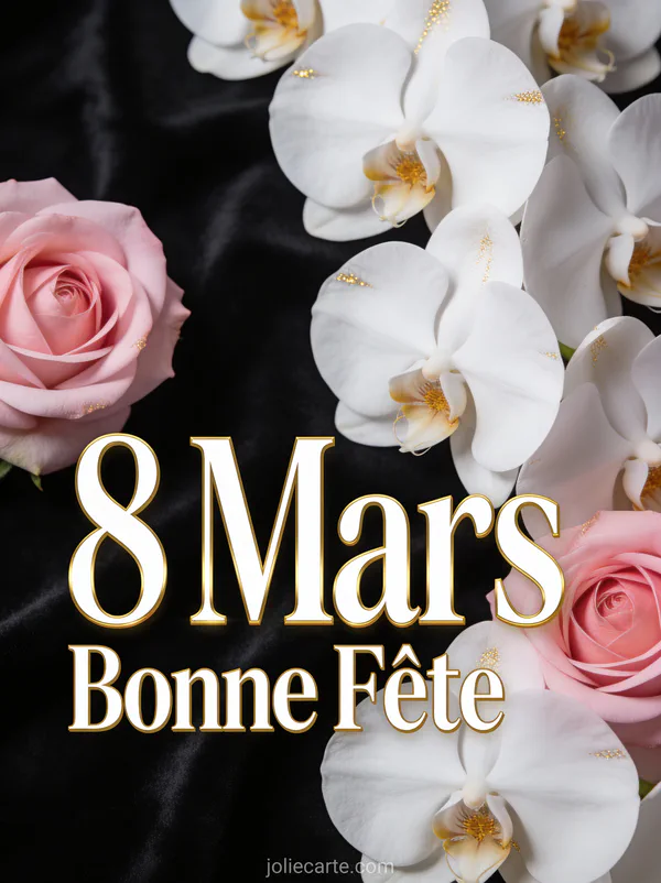 Orchidées blanches et roses sur fond noir velouté avec le texte 8 Mars Bonne Fête