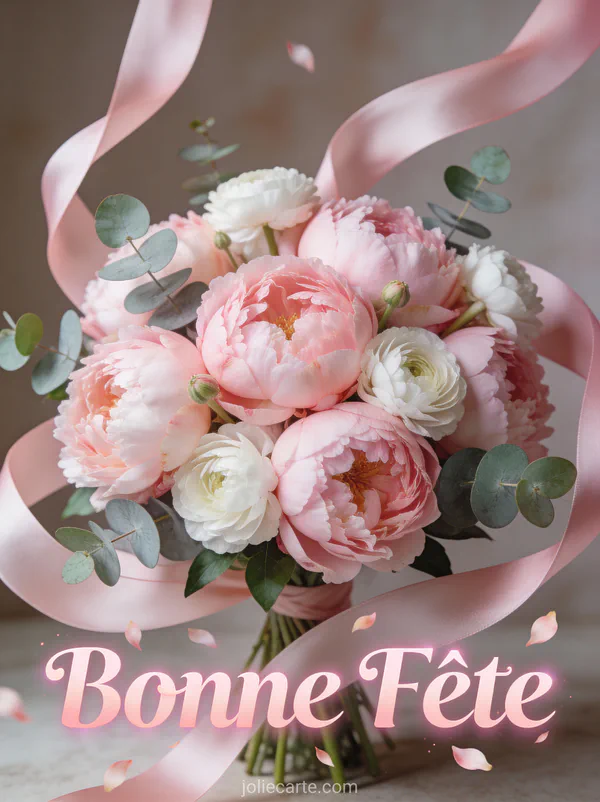 Bouquet opulent de pivoines roses et renoncules blanches avec rubans de soie et le texte Bonne Fête