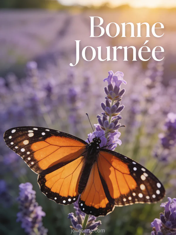 Papillon monarque posé sur un brin de lavande en fleur avec lumière dorée et le texte Bonne Journée