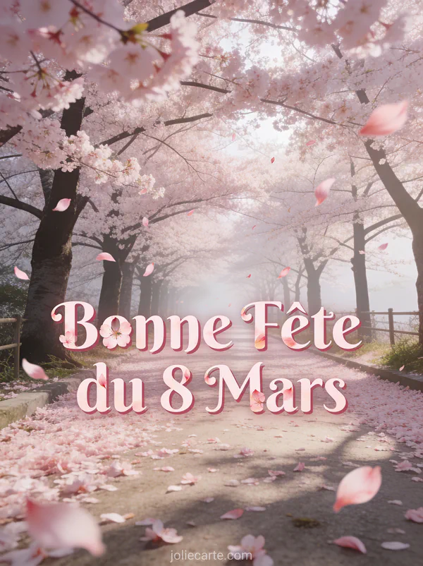 Allée de cerisiers en fleurs avec pétales roses volant dans le vent et le texte Bonne Fête du 8 Mars