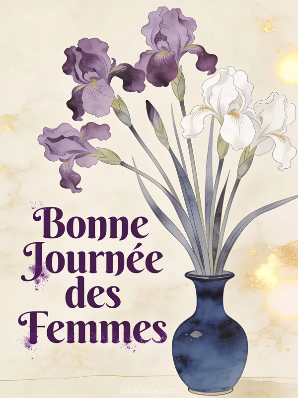 Iris violets et blancs dans un vase en céramique bleu nuit sur fond crème avec le texte Bonne Journée des Femmes