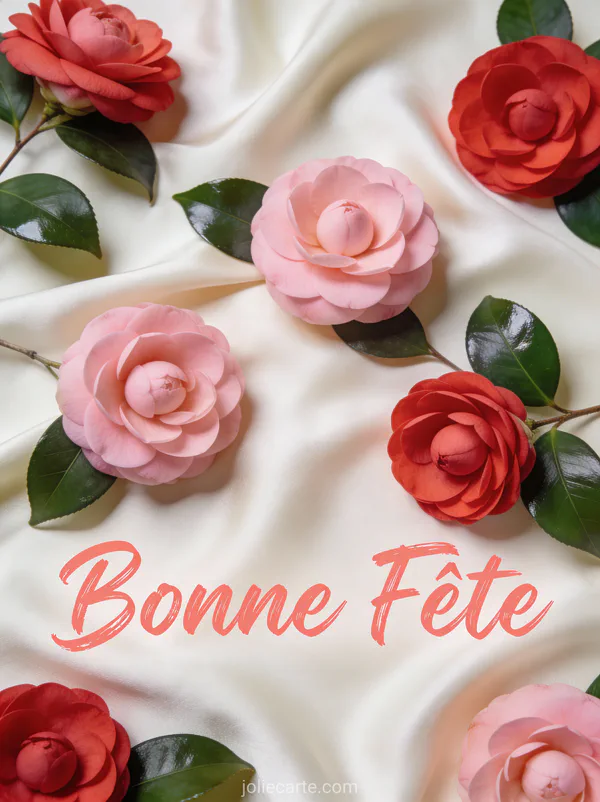 Camélias roses et rouges sur fond de soie ivoire avec feuilles vert foncé et le texte Bonne Fête