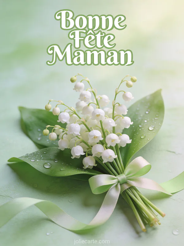 Bouquet de muguet aux clochettes blanches avec ruban vert sur fond pastel et le texte Bonne Fête Maman