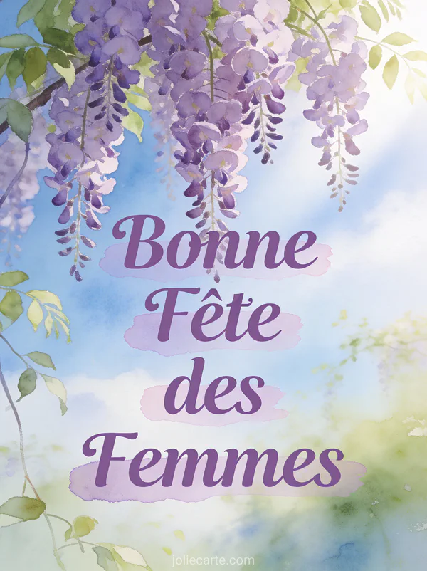 Cascade de glycine mauve tombant en grappes sur fond de ciel bleu avec le texte Bonne Fête des Femmes