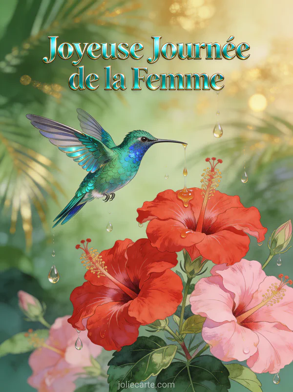 Colibri émeraude en vol devant des hibiscus rouges et roses avec le texte Joyeuse Journée de la Femme