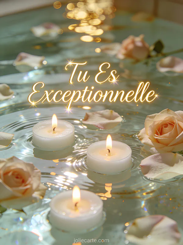 Pétales de rose flottant sur une eau cristalline avec bougies et le texte Tu Es Exceptionnelle