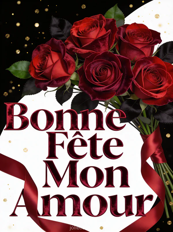 Bouquet de roses rouges luxuriantes avec ruban de satin sur fond noir et particules dorées avec le texte Bonne Fête Mon Amour