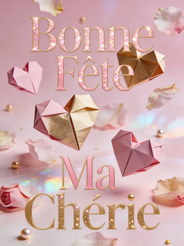 Cœurs en origami rose et doré flottant parmi des pétales de rose sur fond nacré avec le texte Bonne Fête Ma Chérie