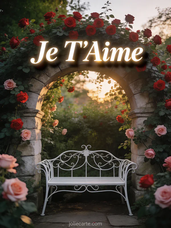 Jardin secret avec arche de roses grimpantes et banc en fer forgé blanc avec le texte Je T'Aime