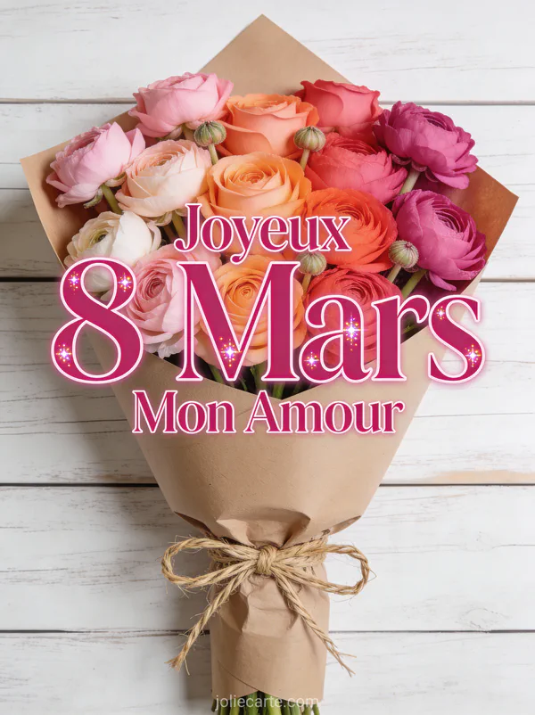 Bouquet de renoncules roses dans papier kraft avec nœud de raphia sur fond bois blanchi et le texte Joyeux 8 Mars Mon Amour