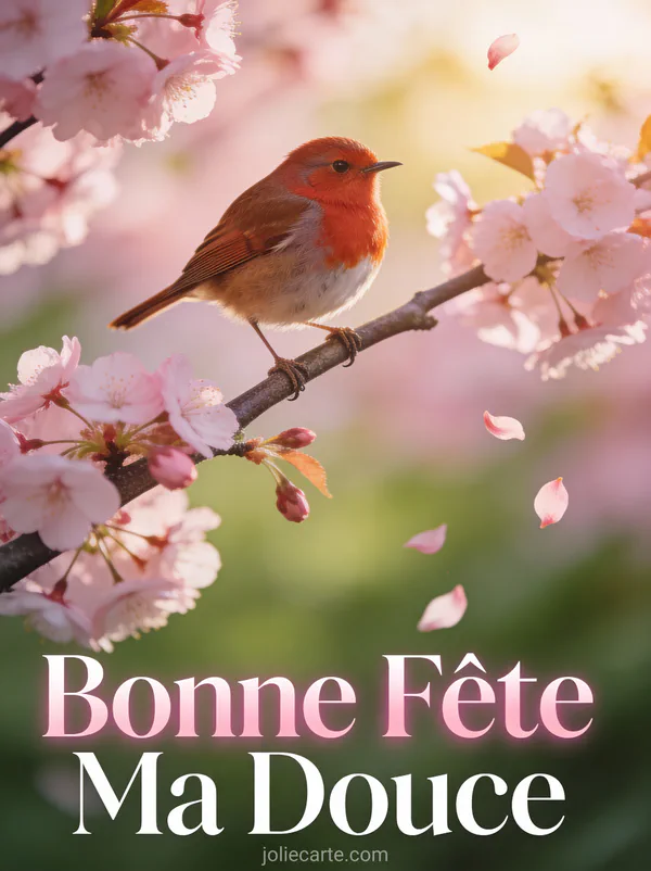 Rouge-gorge posé sur une branche de cerisier en fleurs roses avec pétales tombants et le texte Bonne Fête Ma Douce