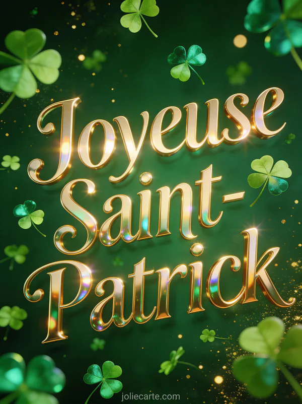 Trèfles à quatre feuilles vert émeraude flottant sur fond vert profond avec le texte Joyeuse Saint-Patrick en lettres dorées