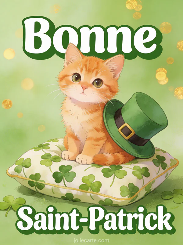 Chaton roux portant un chapeau de leprechaun vert assis sur des trèfles avec le texte Bonne Saint-Patrick