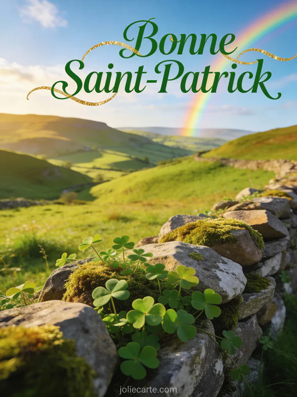Paysage de collines irlandaises verdoyantes avec arc-en-ciel et muret de pierres couvert de trèfles, texte Bonne Saint-Patrick