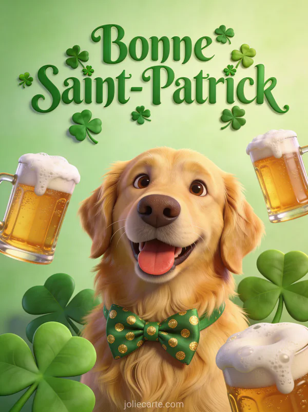 Golden retriever joyeux portant un noeud papillon vert entouré de chopes de bière et trèfles avec le texte Bonne Saint-Patrick