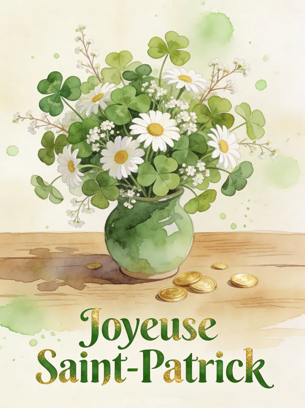 Bouquet de trèfles et marguerites dans un vase vert avec pièces d'or sur table en bois, style aquarelle, texte Joyeuse Saint-Patrick
