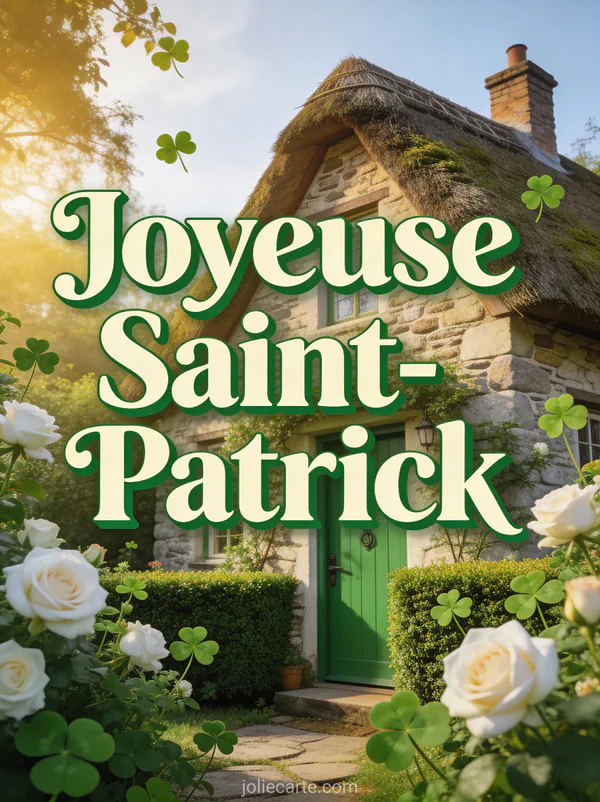 Cottage irlandais en pierre avec toit de chaume entouré de roses blanches et trèfles, porte verte, texte Joyeuse Saint-Patrick