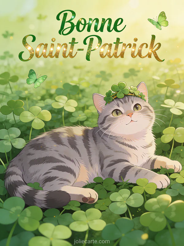 Chat tigré gris allongé dans un champ de trèfles avec couronne de trèfles sur la tête et papillons verts, texte Bonne Saint-Patrick