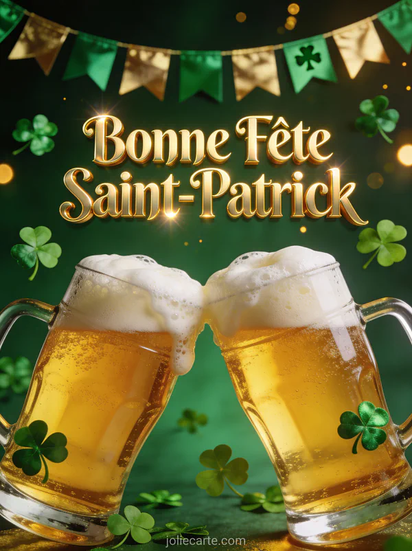 Deux chopes de bière mousseuse qui trinquent entourées de trèfles verts et guirlandes dorées, texte Bonne Fête Saint-Patrick