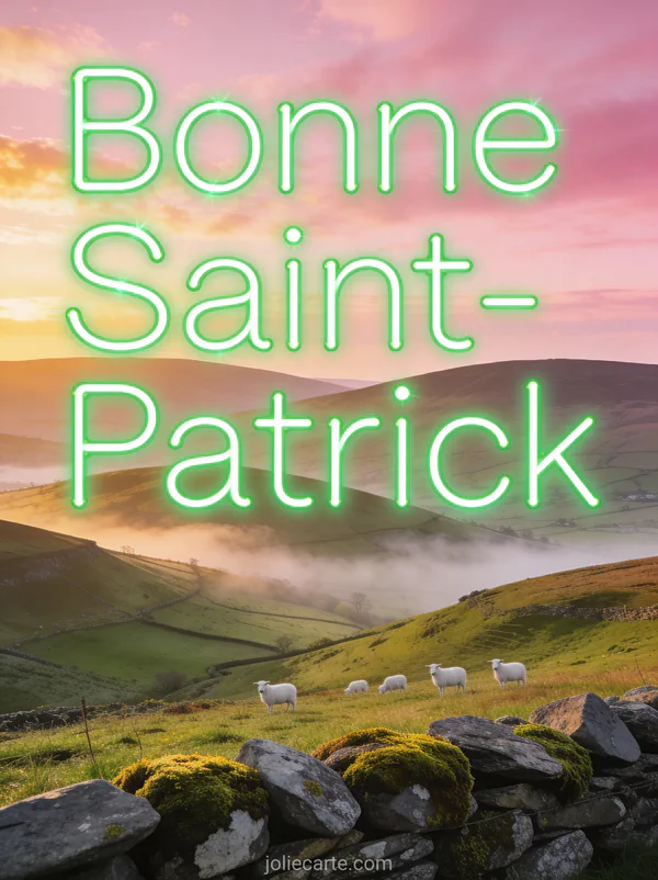 Collines irlandaises au lever du soleil avec brume dans les vallées, moutons et muret de pierres moussues, texte Bonne Saint-Patrick