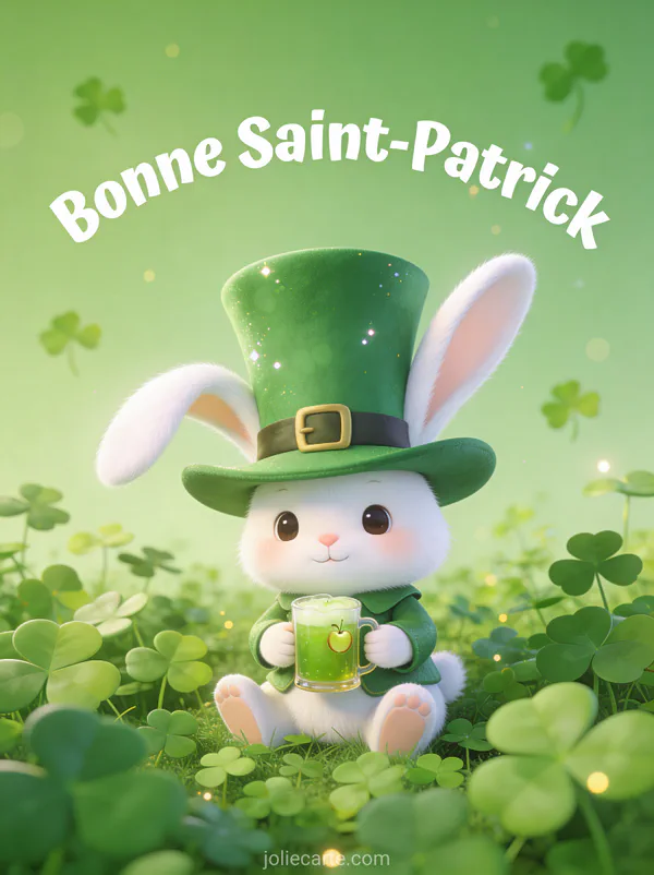 Lapin blanc portant un haut-de-forme vert de leprechaun dans un champ de trèfles avec une petite chope, texte Bonne Saint-Patrick