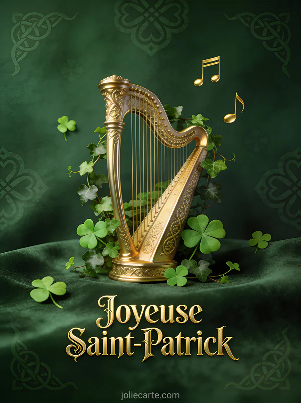 Harpe celtique dorée entourée de lierre et trèfles avec motifs celtiques sur fond vert, texte Joyeuse Saint-Patrick