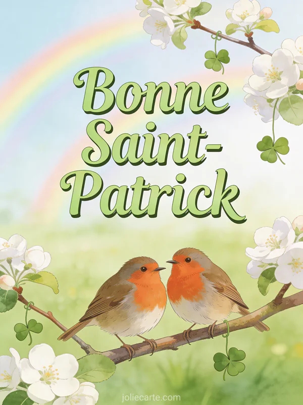 Deux rouge-gorges sur une branche de pommier en fleurs avec trèfles et arc-en-ciel discret, texte Bonne Saint-Patrick