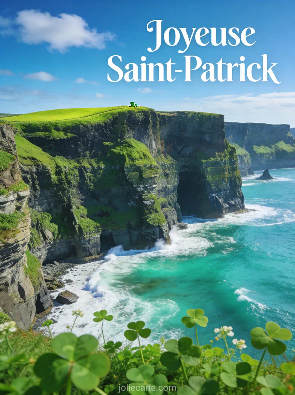 Falaises irlandaises spectaculaires plongeant dans la mer turquoise avec trèfles sauvages au premier plan, texte Joyeuse Saint-Patrick