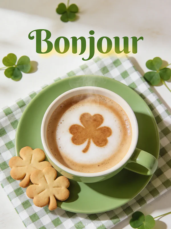 Tasse de café vue de dessus avec mousse en forme de trèfle, biscuits trèfle et nappe verte, texte Bonjour
