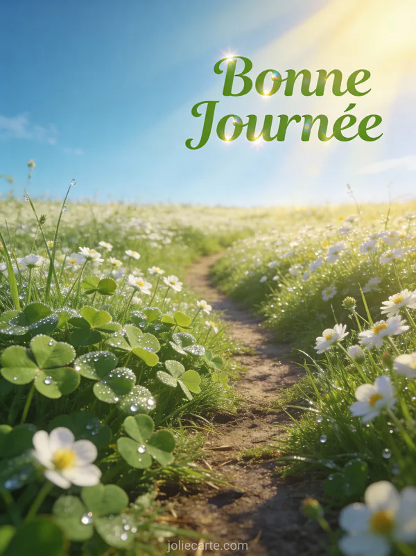 Prairie irlandaise ensoleillée avec trèfles et pâquerettes, chemin sinueux sous un ciel bleu lumineux, texte Bonne Journée