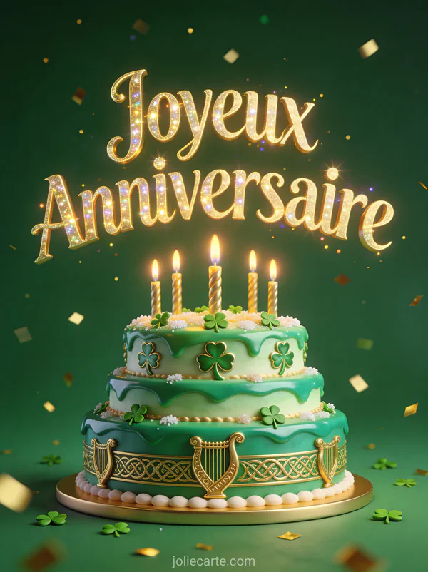 Gâteau trois étages vert émeraude avec décorations dorées trèfles et harpes celtiques, bougies allumées, texte Joyeux Anniversaire