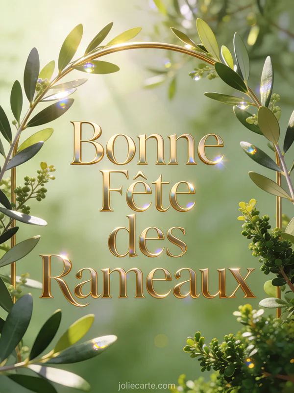 Branches d'olivier et de buis disposées en arc avec le texte Bonne Fête des Rameaux en lettres dorées