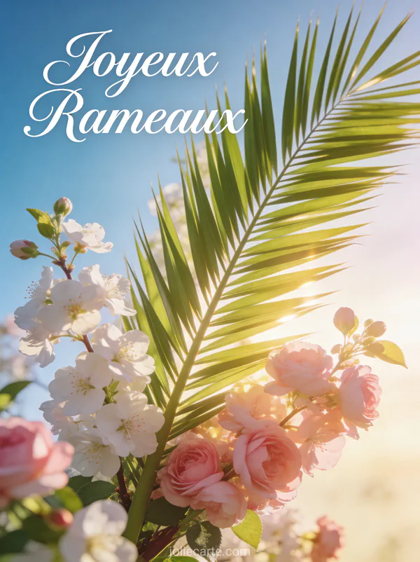 Branches de palmier vert tendre et fleurs printanières avec le texte Joyeux Rameaux en calligraphie blanche