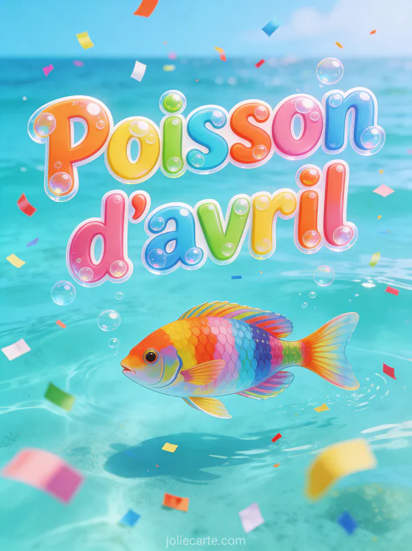 Poisson clown rigolo aux grands yeux expressifs faisant une grimace comique avec le texte Poisson d'Avril