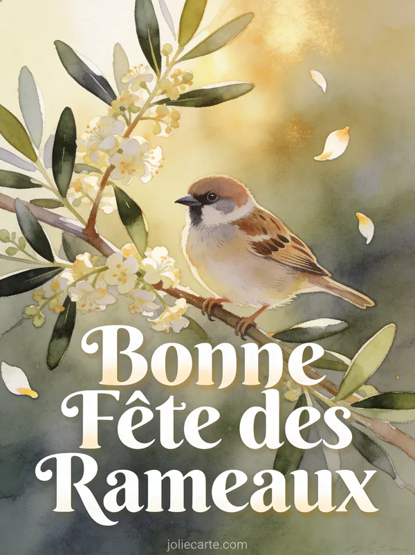 Petit moineau posé sur une branche d'olivier en fleurs avec le texte Bonne Fête des Rameaux