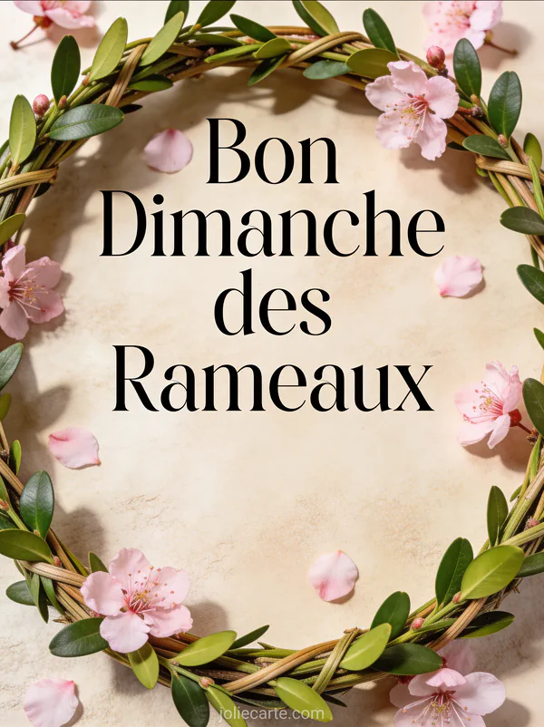 Couronne de rameaux de buis tressés avec fleurs de cerisier et le texte Bon Dimanche des Rameaux