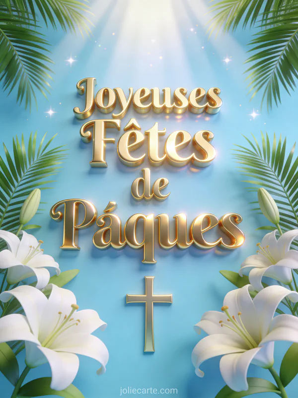 Croix élégante entourée de branches de palmier et lys blancs avec le texte Joyeuses Fêtes de Pâques