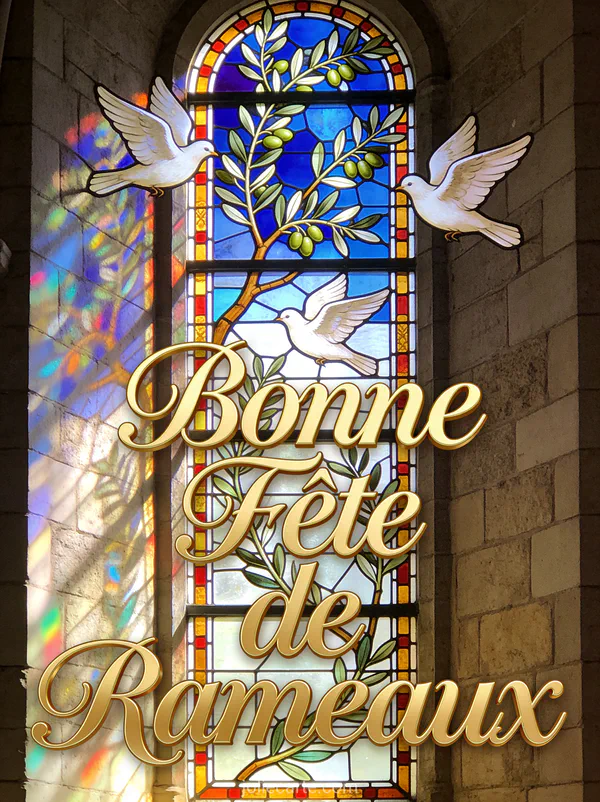 Vitrail coloré avec branches d'olivier et colombes et le texte Bonne Fête de Rameaux en lettres dorées