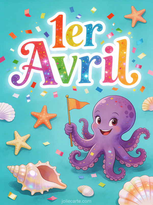 Poulpe violet espiègle tenant un drapeau avec le texte 1er Avril sur fond turquoise