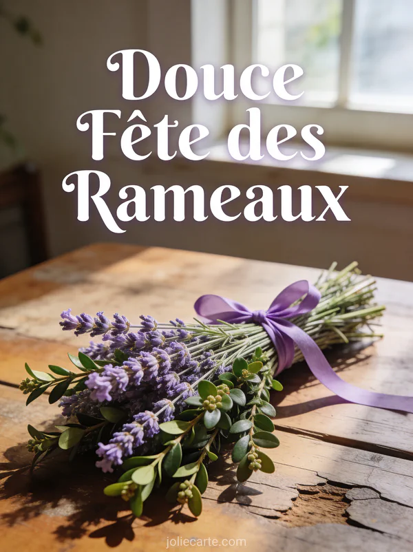 Bouquet de branches de buis et lavande avec ruban violet sur table rustique et le texte Douce Fête des Rameaux