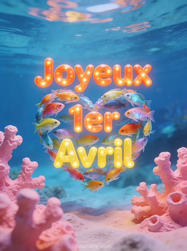 Banc de poissons tropicaux formant un coeur avec le texte Joyeux 1er Avril sur fond océan